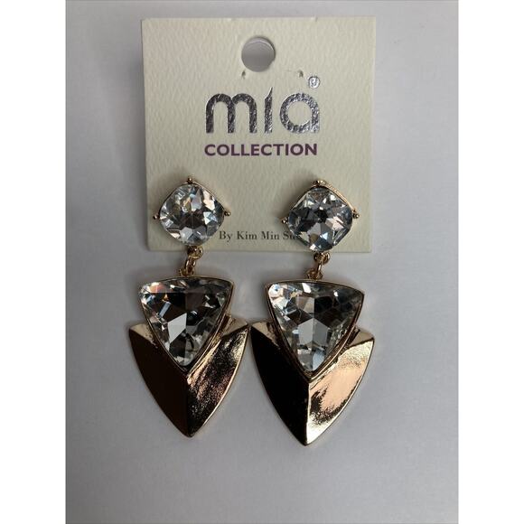 Mia Collection Faux Diamond Earrings Dangle White And Gold Triangles Square Top - Picture 1 of 4